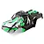 Pre-painted green, black, and white monster truck body shell for a 1/10 scale RC car, viewed from above.