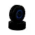 Two black RC rubber tyres mounted on 12-spoke black rims with blue outer rings, stacked against a white background.