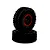 Two black RC crawler tires with aggressive tread mounted on black and red rims against a plain white background.