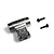 Silver metal main rotor head block with engraved Blade logo and two black socket head screws against a white background.