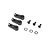 Blade RC servo horn set including three black plastic servo arms, three metal screws, and three retaining rings against a plain white background.