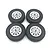 Four WPL 1/10 scale rubber tyres mounted on silver rims viewed from above on a white background.