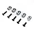 Losi engine mount insert set with five silver metal inserts and five black screws on a white background.
