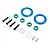 Losi gear diff rebuild set including blue gaskets, green o-rings, silver washers, screws, and pins on a white background.