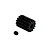 Studio product shot of a black metal RC pinion gear and grub screw on a clean white background.