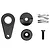 Top-down studio view of an MJX RC servo saver assembly including black metal components, a coil spring, and a screw against a white background.