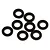 A set of eight small black rubber washers arranged on a clean white background.