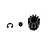 MJX RC 12T pinion gear set including a small metal gear, set screw, and e-clip on white background.