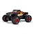 Studio product photo of the ARRMA Quake 4S RC monster truck in red and black, viewed from the front right side.