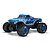 Studio product photo of the ARRMA Quake 4S blue electric RC monster truck viewed from the front right on a white background.