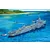 Painted box art illustration of the USS Stevens DD-479 destroyer underway in blue ocean water near a tropical island with aircraft flying above.