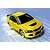Illustrated box art of a yellow Mitsubishi Lancer Evolution drifting on a snowy road for a Fujimi model kit.
