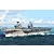 Artwork of the HMS Queen Elizabeth aircraft carrier sailing on the ocean under a cloudy sky.