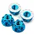 Four blue aluminium flanged serrated wheel lock nuts arranged on a white background, showing threads and serrated faces.