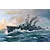 Artwork of the USS Fletcher DD-445 destroyer steaming through choppy ocean waters under a cloudy sky.