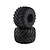 Two black rubber monster truck tyres with V-shaped tread stacked on a white background.