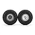 Two 1/10 scale RC crawler tyres mounted on silver beadlock wheels against a white background.