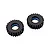 Studio shot of two black FMS 1/10 FCX10 Pro LC80 RC crawler tyres with blue foam inserts visible on a white background.