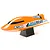 Pro Boat Jet Jam V2 12-inch electric RC speed boat in orange, mounted on a black display stand against a white background.