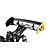 Close-up of a black RC rear wing mounted on a Rovan Voyager 5 with yellow V5 decals on a white background.