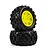 Two Pro-Line Badlands MX MT black rubber tyres mounted on bright yellow split-six rims against a white background.