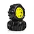 Pro-Line Dumont paddle tyres mounted on yellow split-six wheels, stacked against a white background.