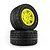 Pro-Line 1/16 Menace Street tyres mounted on bright yellow split-six rims, stacked against a white background.