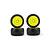 Four Pro-Line RC car wheels with black treaded tyres mounted on bright yellow dish rims against a white background.