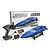 Atrek Riptide 16 inch RC Speed Boat in blue with its retail box, transmitter, lithium battery, USB charger, stand, and accessories.