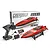 Atrek Riptide 16 inch RC speed boat in red, shown alongside its transmitter, battery, charger, boat stand, and retail box.