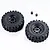 Two black RC crawler tyres mounted on black rims with two small plastic cap accessories on a white background.