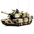 Studio shot of the Heng Long M1A2 Abrams RC tank in desert camouflage with commander figure against a clean white background.