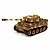Studio product shot of a 1/16 scale Taigen German Tiger I RC tank with camouflage paint, tracks, and a long barrel against a white background.