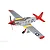 Arrows RC P-51 Mustang 850mm warbird RC plane in silver, red, and yellow livery with landing gear deployed against a white background.