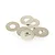 A small pile of silver-coloured metal washers on a white background.