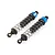 Two assembled HSP RC car shock absorbers with blue anodized aluminum caps and black plastic bodies on a white background.