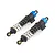 Two assembled RC shock absorbers with blue anodized aluminum caps and black plastic bodies on a white background.