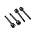 Four black metal RC front wheel axles arranged diagonally on a white background.