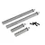 A set of four gunmetal grey aluminium RC body posts of varying lengths and four black metal screws on a white background.