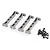 Four gunmetal grey aluminium RC chassis braces arranged in a row with a small pile of black screws to the right on a white background.