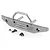 A gunmetal grey aluminium front bumper for an RC car, featuring a bull bar, mounting posts, and included screws and small plastic clips.