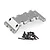 A gunmetal grey aluminium RC chassis part shown with a set of black metal screws on a white background.