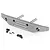 A gunmetal grey aluminium rear bumper for an RC car, featuring mounting posts, small black screws, and plastic clips on a white background.