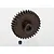 A dark grey steel 34T 1Mod pinion gear for RC cars, shown with a small grub screw with blue thread locker.