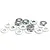 A pile of small, thin, silver-coloured metal washers scattered on a white background.