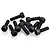 A pile of ten black metal cap head screws with hexagonal sockets, arranged on a white background.