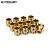 A collection of twelve brass pivot balls for RC vehicles arranged on a white background.