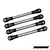 Four stainless steel RC suspension links with black plastic rod ends arranged diagonally on a white background.
