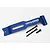 A blue anodized aluminium rear chassis brace for a Traxxas RC vehicle, shown with three black metal screws on a white background.