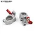 A pair of silver aluminium steering knuckles for an RC vehicle with red anodised steering arms, set against a white background.